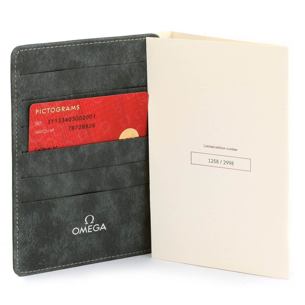 This image shows a close-up of Omega Speedmaster 311.33.40.30.02.001 Men's Stainless Steel Silver Dial 311.33.40.30.02.001 Men's Stainless Steel Silver Dial accessories, including a cardholder with a red pictogram card and a limited edition certificate booklet.