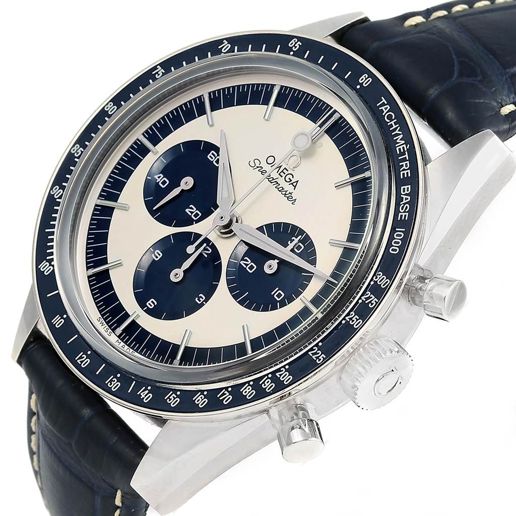 The image shows an angled view of an Omega Speedmaster 311.33.40.30.02.001 Men's Stainless Steel Silver Dial 311.33.40.30.02.001 Men's Stainless Steel Silver Dial watch, highlighting its dial, tachymeter bezel, and chronograph subdials.