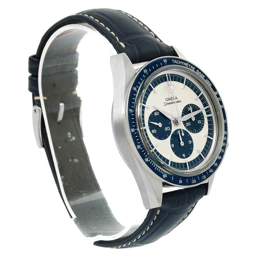 This image shows an Omega Speedmaster 311.33.40.30.02.001 Men's Stainless Steel Silver Dial 311.33.40.30.02.001 Men's Stainless Steel Silver Dial watch angled to display the face, case, and its leather strap.