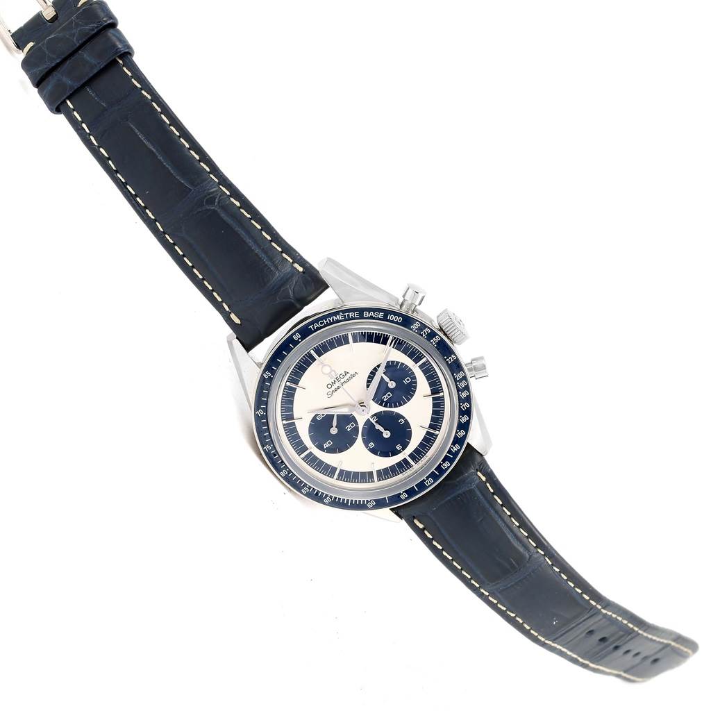 The Omega Speedmaster 311.33.40.30.02.001 Men's Stainless Steel Silver Dial 311.33.40.30.02.001 Men's Stainless Steel Silver Dial watch is shown at an angled view, highlighting its face, tachymeter bezel, and leather strap.