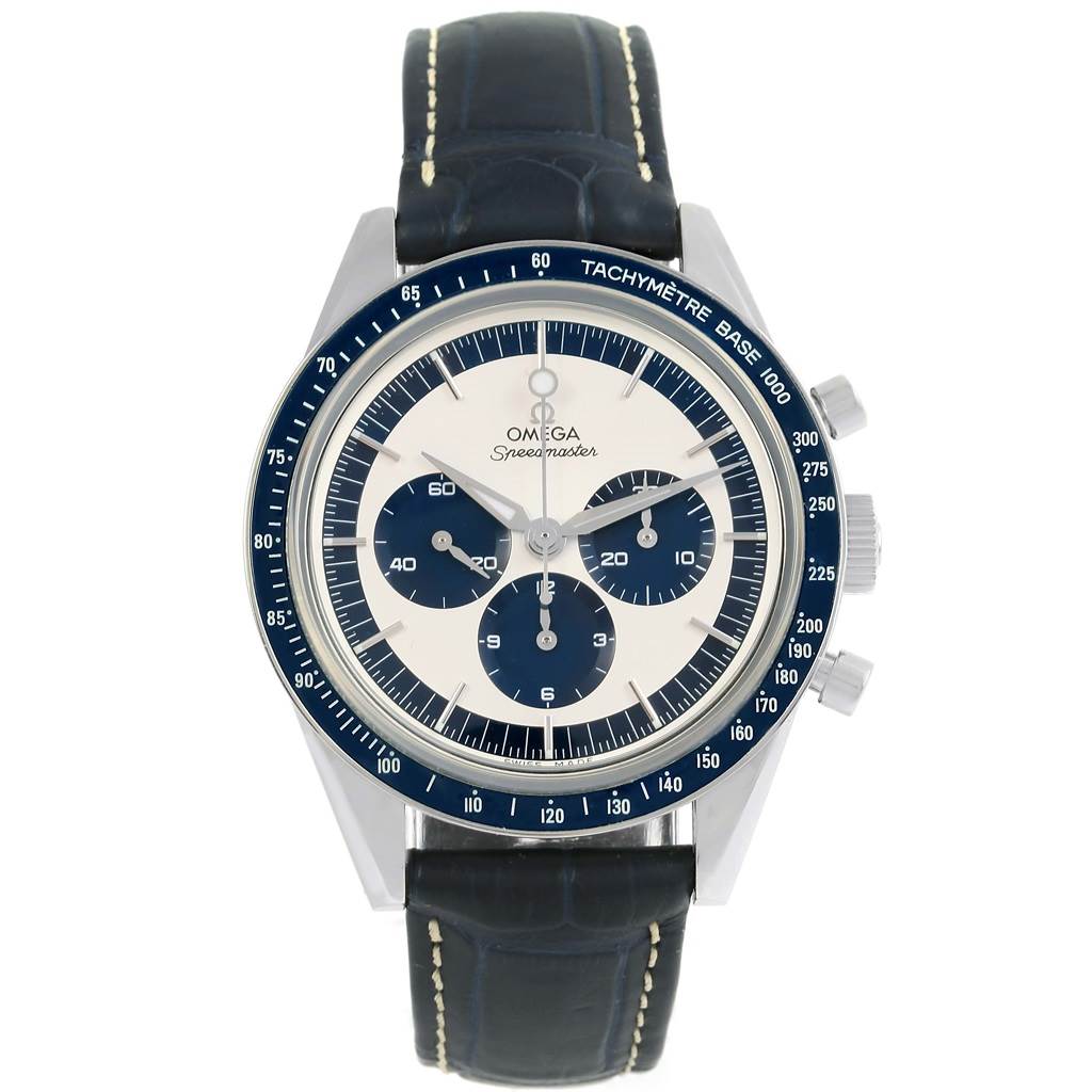 The Omega Speedmaster 311.33.40.30.02.001 Men's Stainless Steel Silver Dial 311.33.40.30.02.001 Men's Stainless Steel Silver Dial watch is shown from the front, displaying its dial, chronograph subdials, bezel, and leather strap.