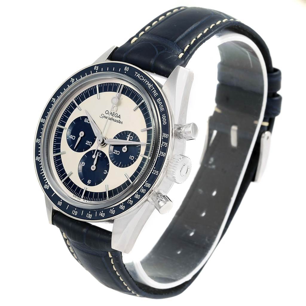 The image shows an Omega Speedmaster 311.33.40.30.02.001 Men's Stainless Steel Silver Dial 311.33.40.30.02.001 Men's Stainless Steel Silver Dial watch at an oblique angle, highlighting the bezel, dial, pushers, crown, and leather strap.