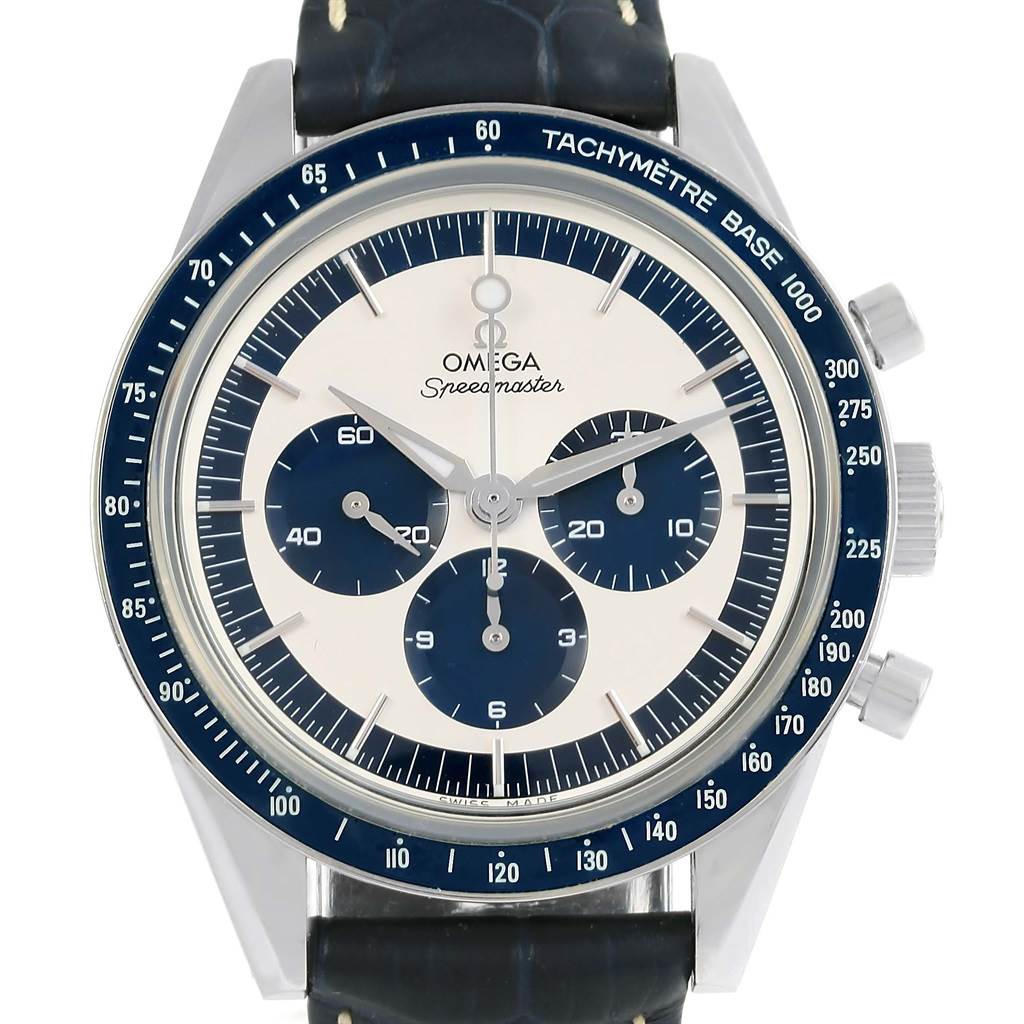 This image shows a frontal view of an Omega Speedmaster 311.33.40.30.02.001 Men's Stainless Steel Silver Dial 311.33.40.30.02.001 Men's Stainless Steel Silver Dial watch, highlighting the dial, three sub-dials, and tachymeter bezel.