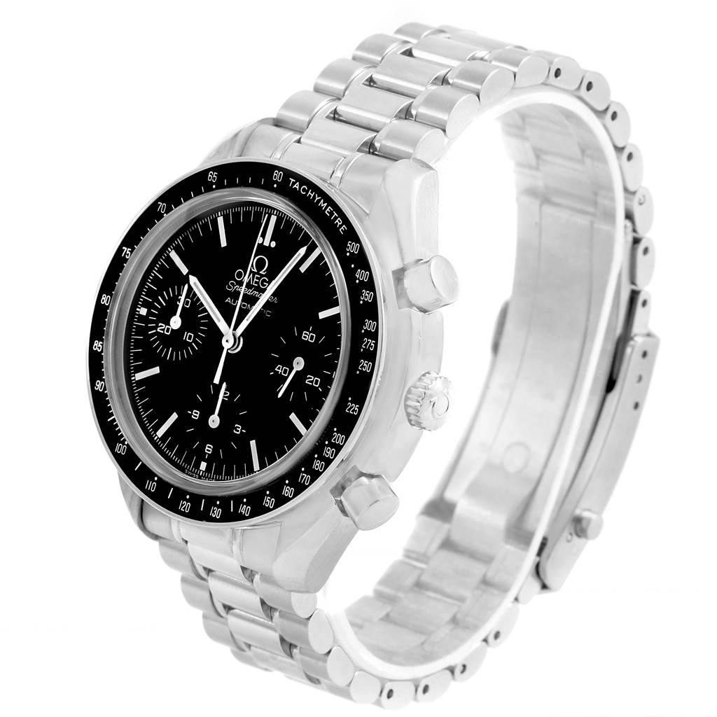 The Omega Speedmaster 3539.50.00 Men
s Stainless Steel Black Dial 3539.50.00 Men
s Stainless Steel Black Dial watch is shown at an angle displaying the face, bezel, crown, and stainless steel bracelet.