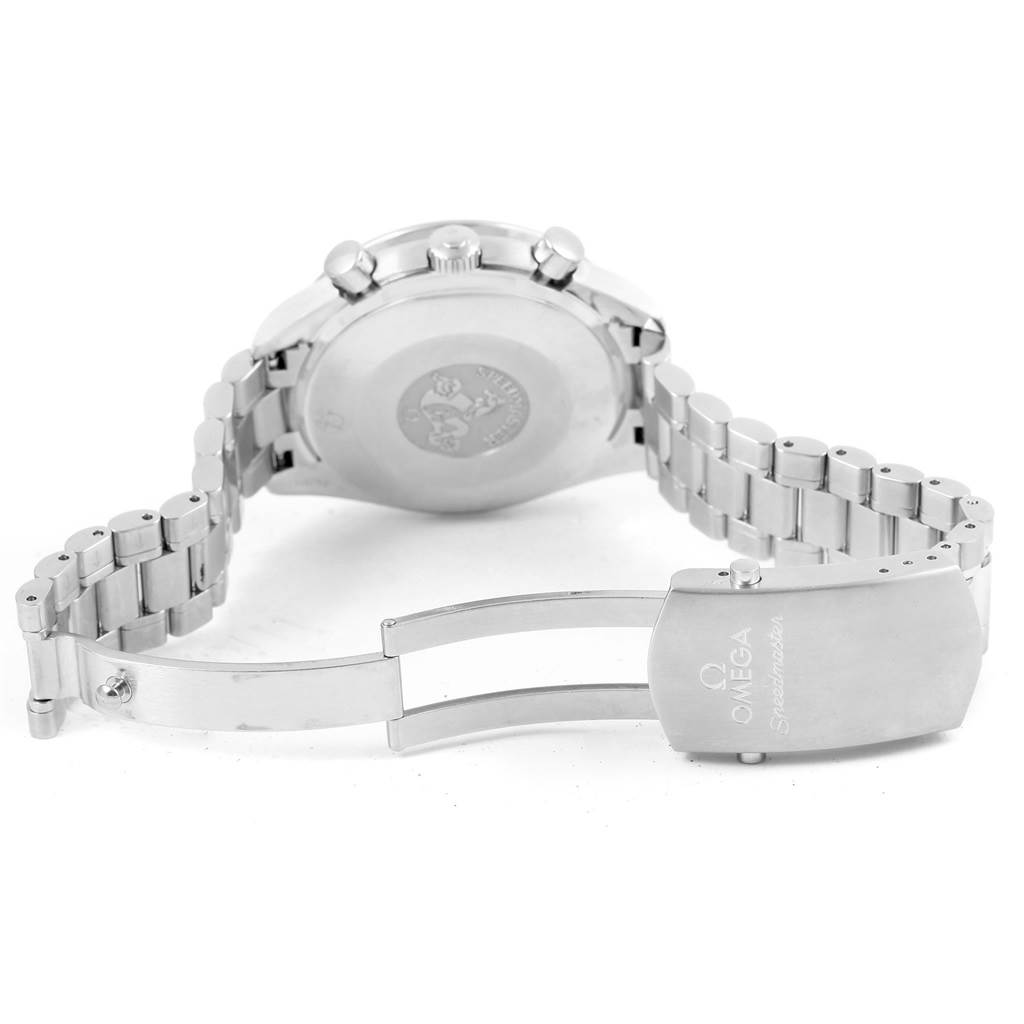 The image shows the Omega Speedmaster 3539.50.00 Men
s Stainless Steel Black Dial 3539.50.00 Men
s Stainless Steel Black Dial watch from a rear view, highlighting the case back and partially opened stainless steel bracelet with clasp.