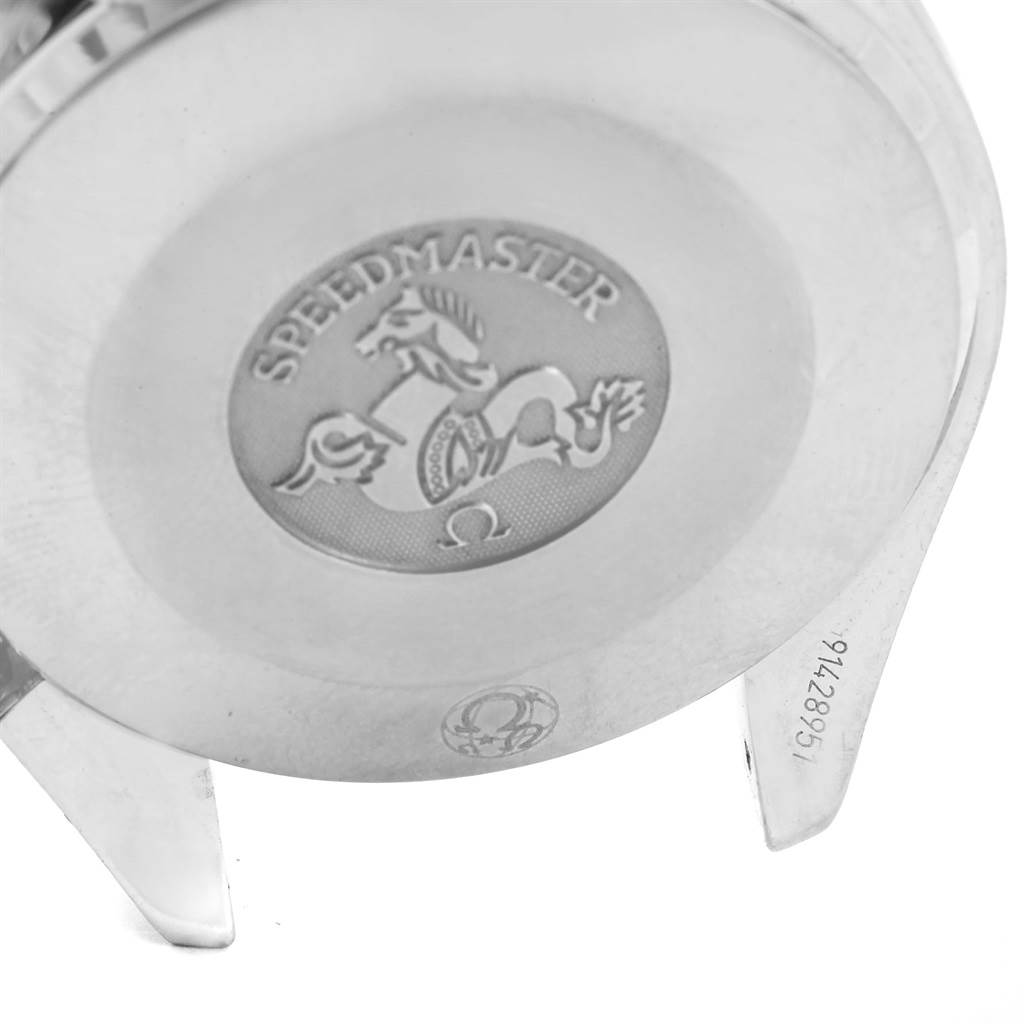 The image shows the back case of an Omega Speedmaster 3539.50.00 Men
s Stainless Steel Black Dial 3539.50.00 Men
s Stainless Steel Black Dial watch, focusing on the engraved logo and model details.