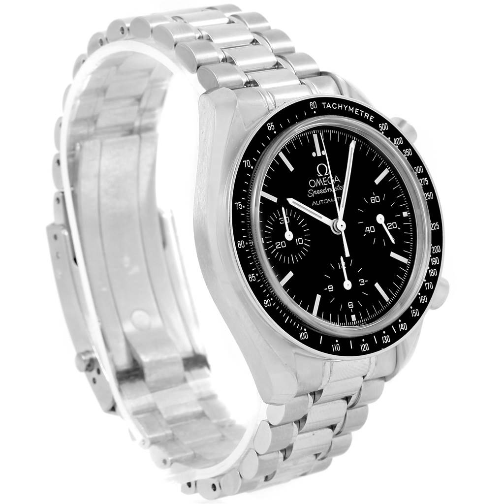 The Omega Speedmaster 3539.50.00 Men
s Stainless Steel Black Dial 3539.50.00 Men
s Stainless Steel Black Dial is shown at an angle displaying its bracelet, tachymeter bezel, and black dial with chronograph sub-dials.