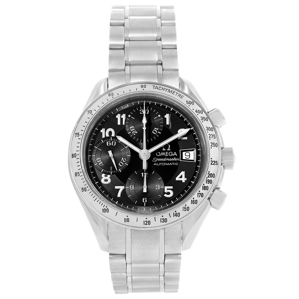 The image shows a front view of an Omega Speedmaster 3513.52.00 Men's Stainless Steel Black Dial 3513.52.00 Men's Stainless Steel Black Dial, displaying its black dial, stainless steel case, bracelet, and chronograph features.