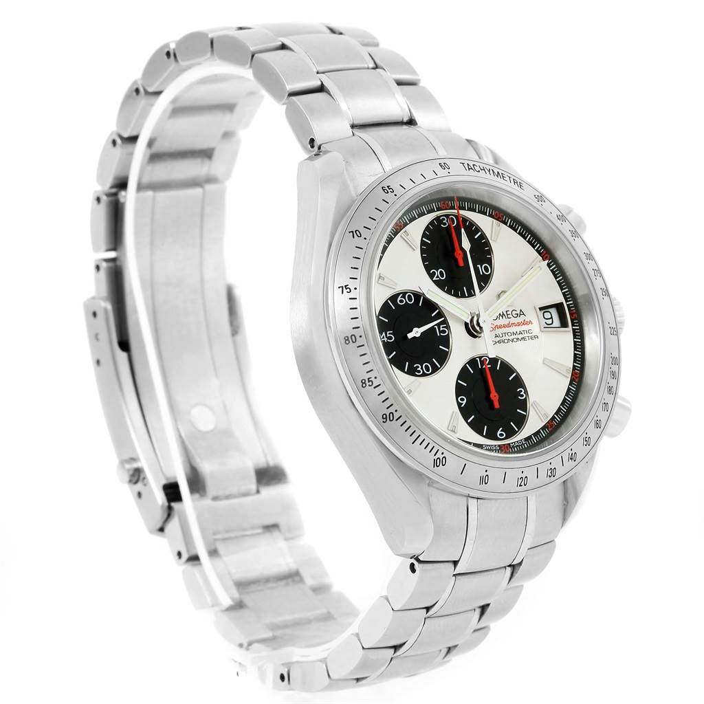 The image shows a side view of an Omega Speedmaster 3211.31.00 Men
s Stainless Steel Silver Dial 3211.31.00 Men
s Stainless Steel Silver Dial watch, highlighting its bracelet, case, and tachymeter bezel.