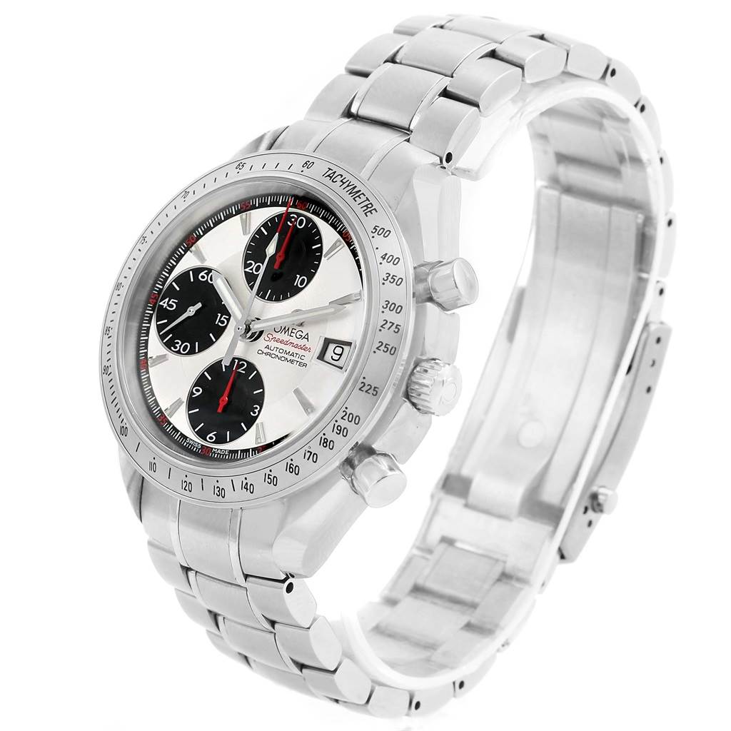 The Omega Speedmaster 3211.31.00 Men
s Stainless Steel Silver Dial 3211.31.00 Men
s Stainless Steel Silver Dial watch is shown at a three-quarter angle, displaying the face, side buttons, and bracelet in detail.