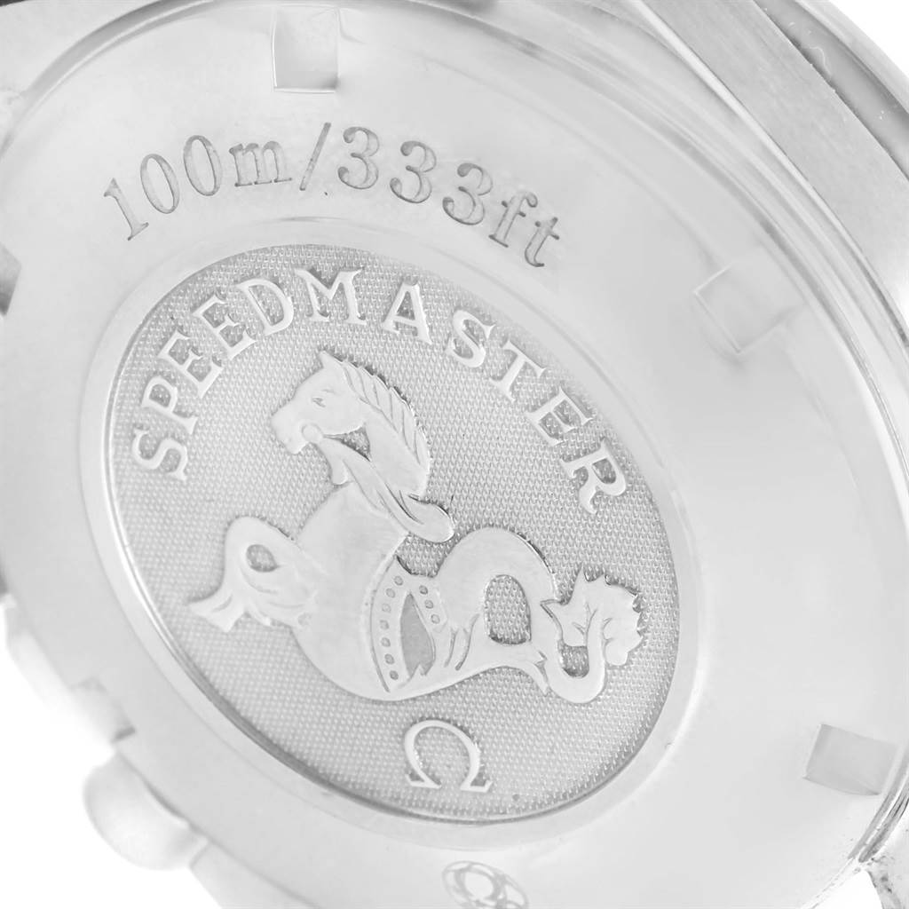 The image shows the case back of an Omega Speedmaster 3211.31.00 Men
s Stainless Steel Silver Dial 3211.31.00 Men
s Stainless Steel Silver Dial watch, highlighting the "Speedmaster" and water resistance marks.