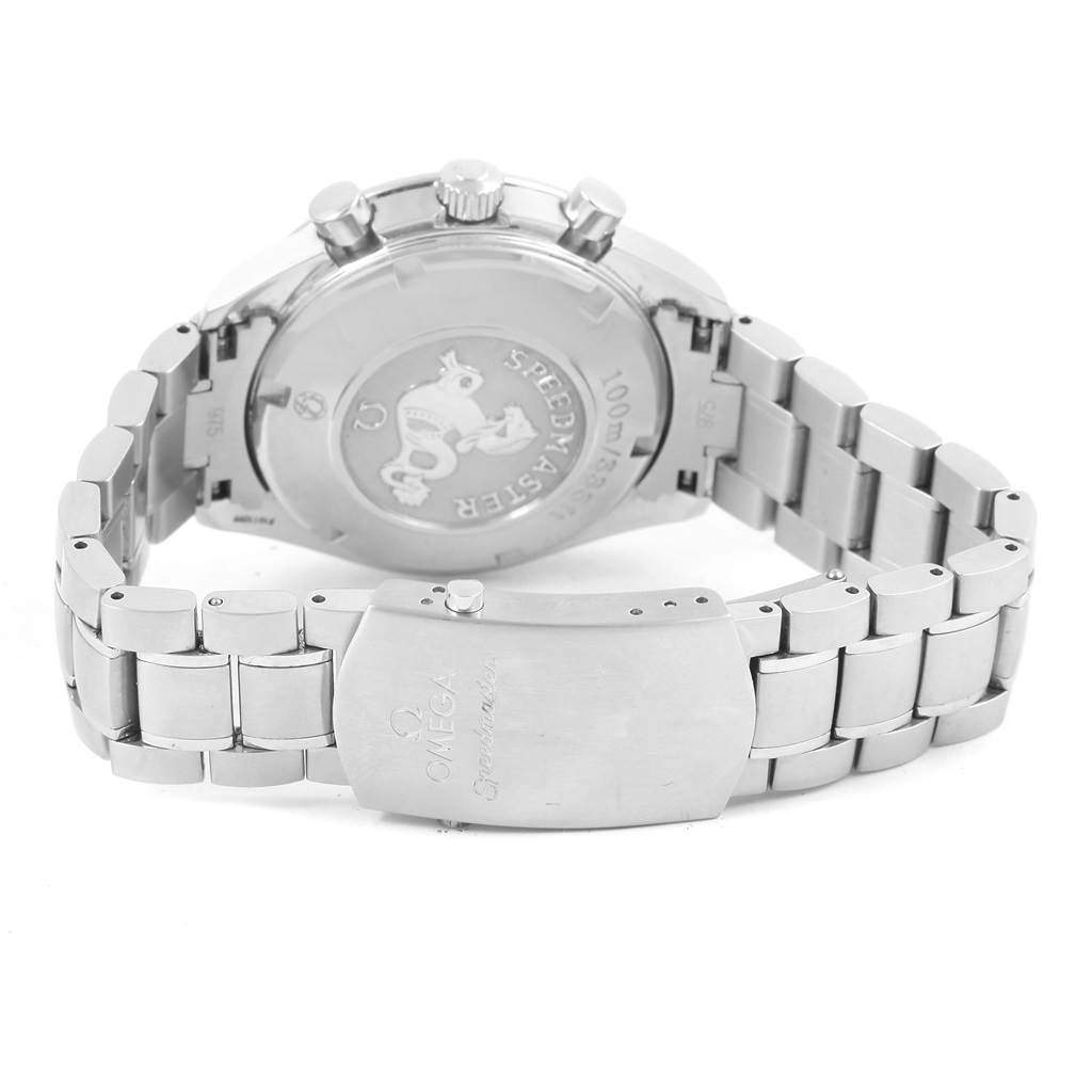 The image shows the back case and clasp of an Omega Speedmaster 3211.31.00 Men
s Stainless Steel Silver Dial 3211.31.00 Men
s Stainless Steel Silver Dial watch, focusing on the bracelet and case back.