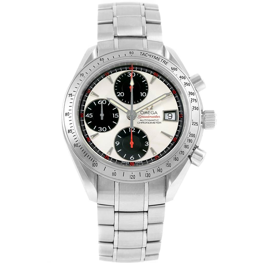 This Omega Speedmaster 3211.31.00 Men
s Stainless Steel Silver Dial 3211.31.00 Men
s Stainless Steel Silver Dial watch is shown from a frontal angle, displaying its dial, subdials, crown, pushers, and bracelet.