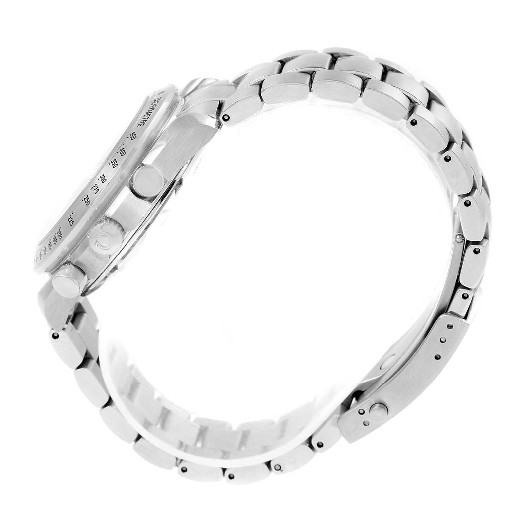 The image shows the side view of an Omega Speedmaster 3211.31.00 Men
s Stainless Steel Silver Dial 3211.31.00 Men
s Stainless Steel Silver Dial watch, focusing on the case, crown, pushers, and bracelet.