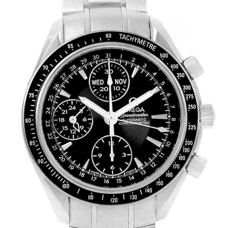 This image shows a front view of the Omega Speedmaster watch, highlighting its dial, tachymeter bezel, subdials, and bracelet.