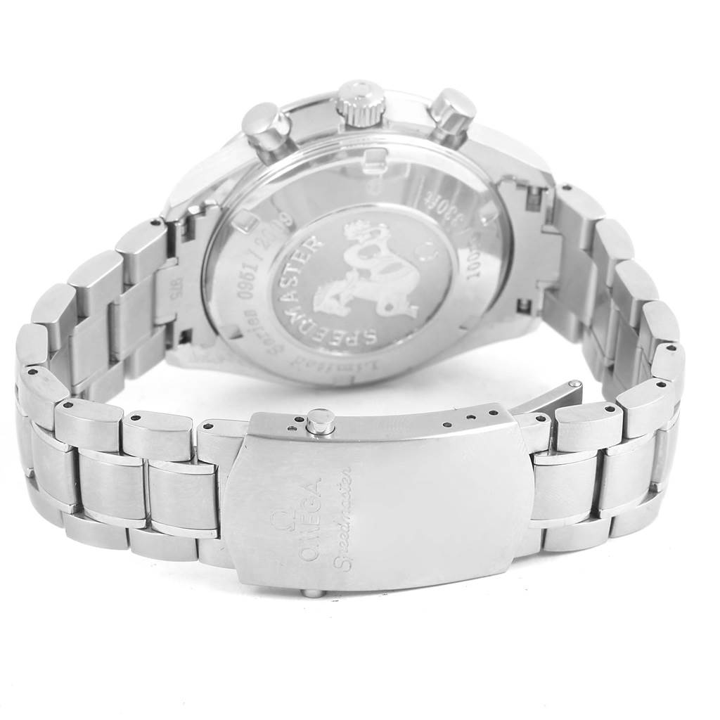 The image shows the back case, bracelet, and clasp of an Omega Speedmaster 323.30.40.40.02.001 Men's Stainless Steel White Dial 323.30.40.40.02.001 Men's Stainless Steel White Dial watch from a rear angle.