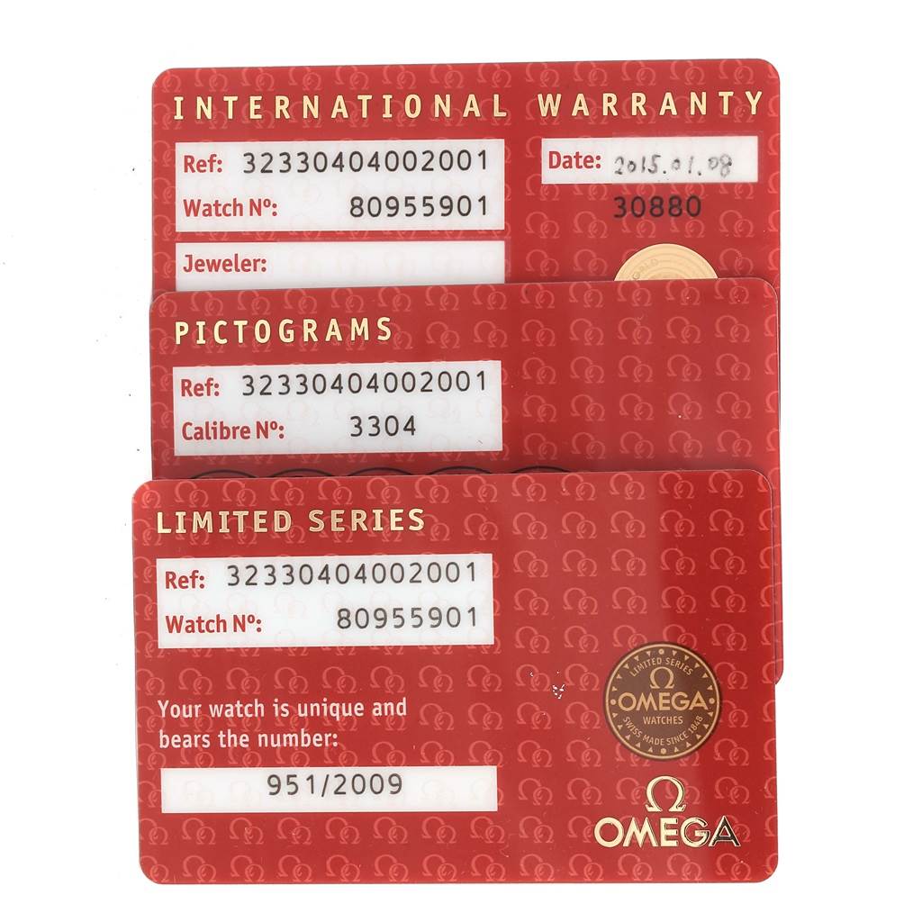 The image shows warranty cards for an Omega Speedmaster 323.30.40.40.02.001 Men's Stainless Steel White Dial 323.30.40.40.02.001 Men's Stainless Steel White Dial watch, including International Warranty, Pictograms, and Limited Series cards.