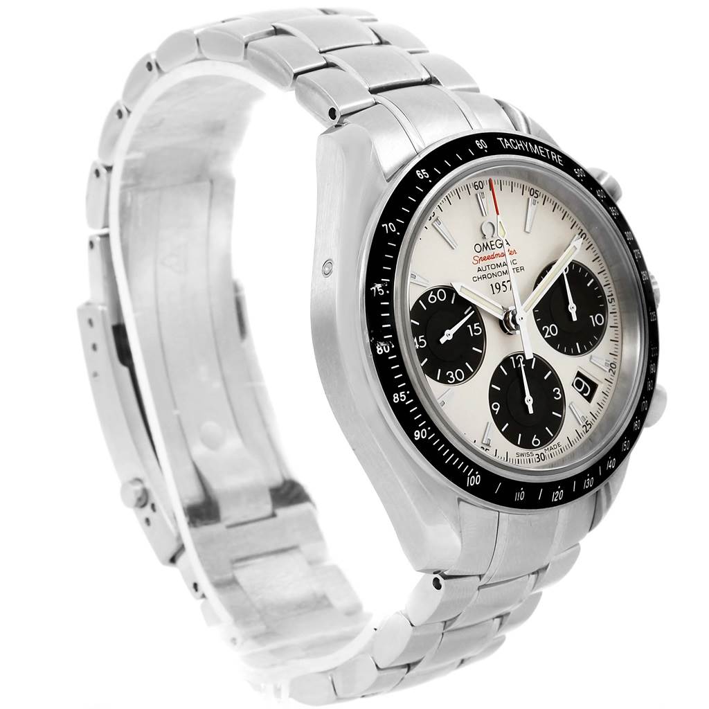 This Omega Speedmaster 323.30.40.40.02.001 Men's Stainless Steel White Dial 323.30.40.40.02.001 Men's Stainless Steel White Dial watch is shown at an angle highlighting its face, bezel, and metal bracelet.