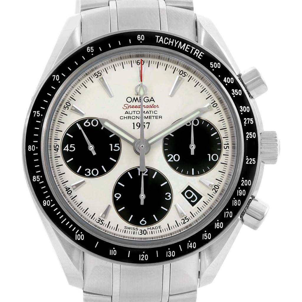 This image shows a frontal view of an Omega Speedmaster 323.30.40.40.02.001 Men's Stainless Steel White Dial 323.30.40.40.02.001 Men's Stainless Steel White Dial watch displaying the dial, sub-dials, tachymeter bezel, and pushers.