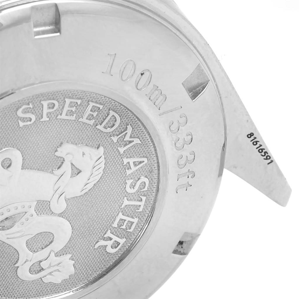 This image shows the back case of an Omega Speedmaster 3220.50.00 Men
s Stainless Steel Black Dial 3220.50.00 Men
s Stainless Steel Black Dial watch, highlighting the logo and water resistance information.