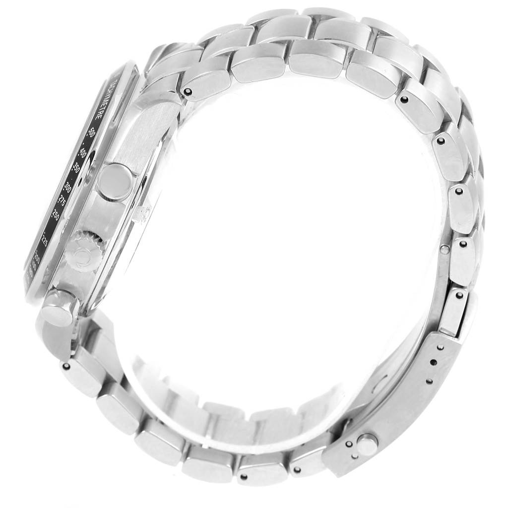 The image shows a side view of the Omega Speedmaster 3220.50.00 Men
s Stainless Steel Black Dial 3220.50.00 Men
s Stainless Steel Black Dial watch, highlighting the bracelet, case, and pushers.