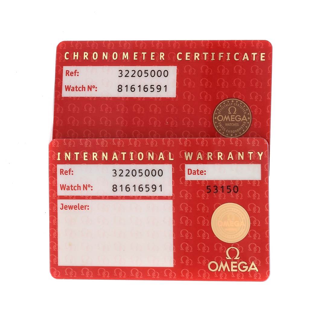 The image shows Omega Speedmaster 3220.50.00 Men
s Stainless Steel Black Dial 3220.50.00 Men
s Stainless Steel Black Dial Chronometer Certificate and International Warranty cards from a top view.