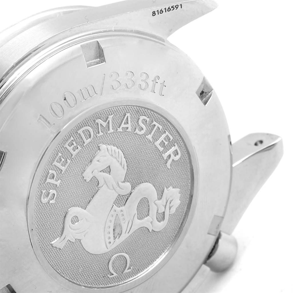 The image shows the back case of an Omega Speedmaster 3220.50.00 Men
s Stainless Steel Black Dial 3220.50.00 Men
s Stainless Steel Black Dial watch, displaying the engraved logo and water resistance.