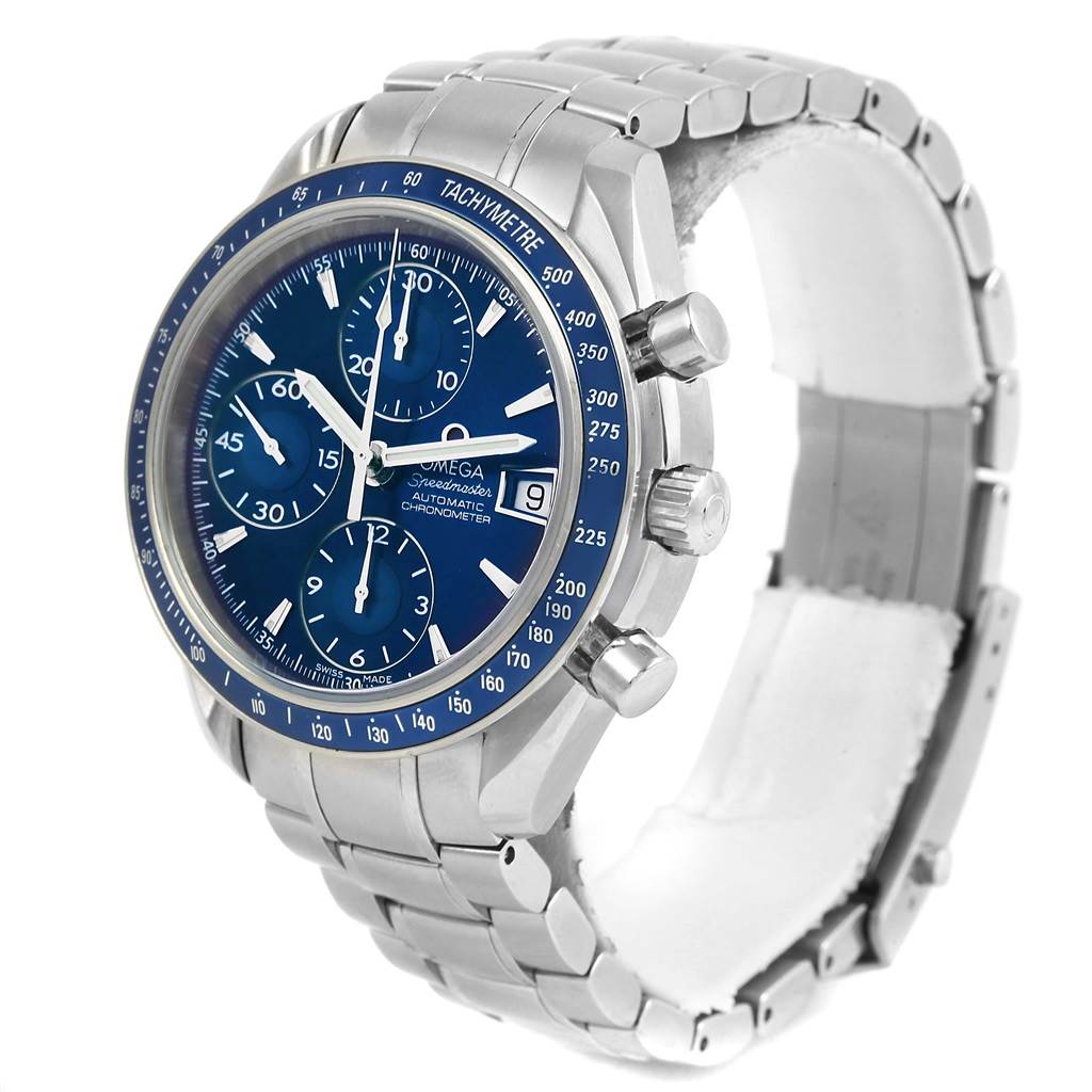 The Omega Speedmaster 3212.80.00 Men
s Stainless Steel Blue Dial 3212.80.00 Men
s Stainless Steel Blue Dial watch is shown from a front and side angle, displaying its blue dial, tachymeter bezel, and metal bracelet.