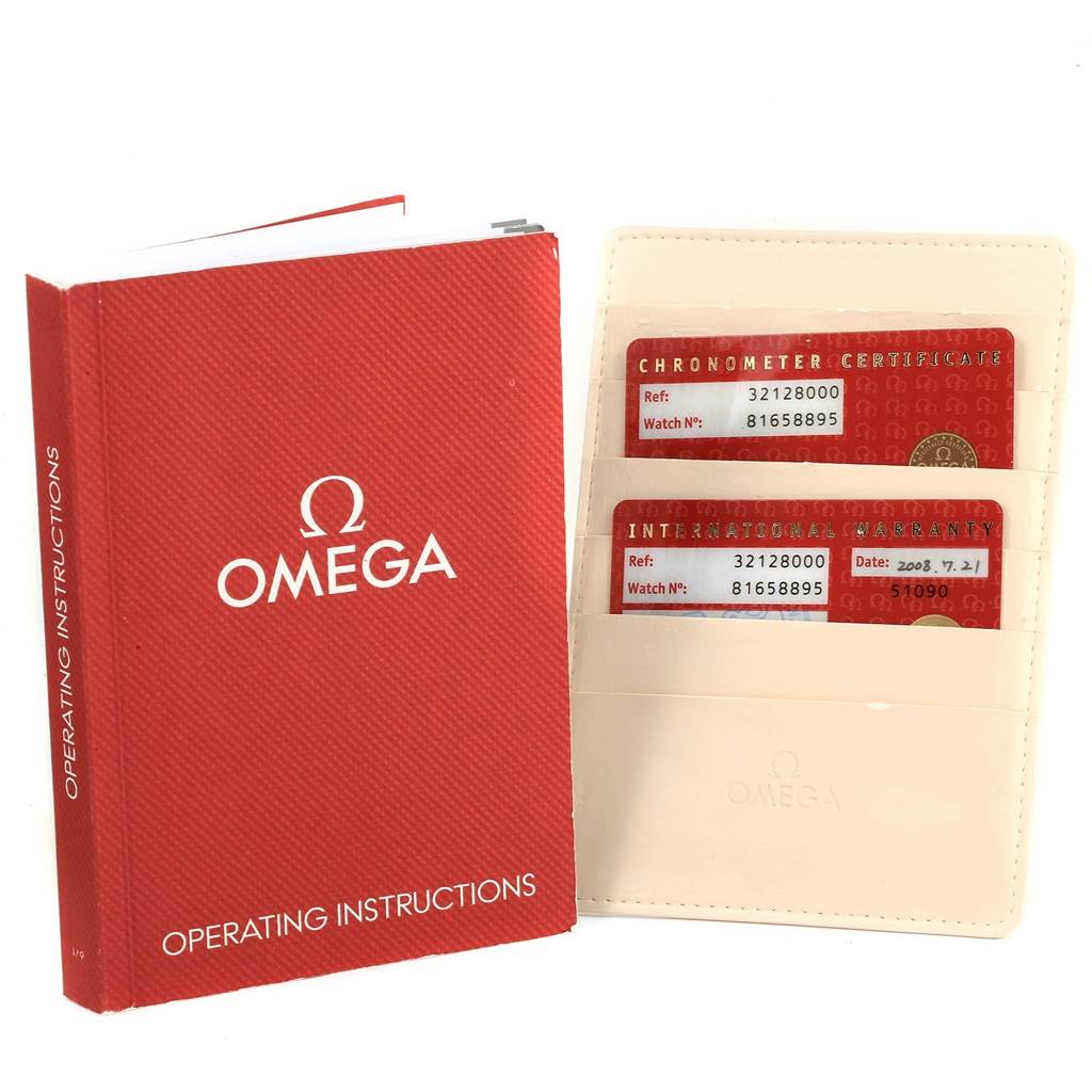 This image shows the operating instructions and warranty cards for the Omega Speedmaster 3212.80.00 Men
s Stainless Steel Blue Dial 3212.80.00 Men
s Stainless Steel Blue Dial.