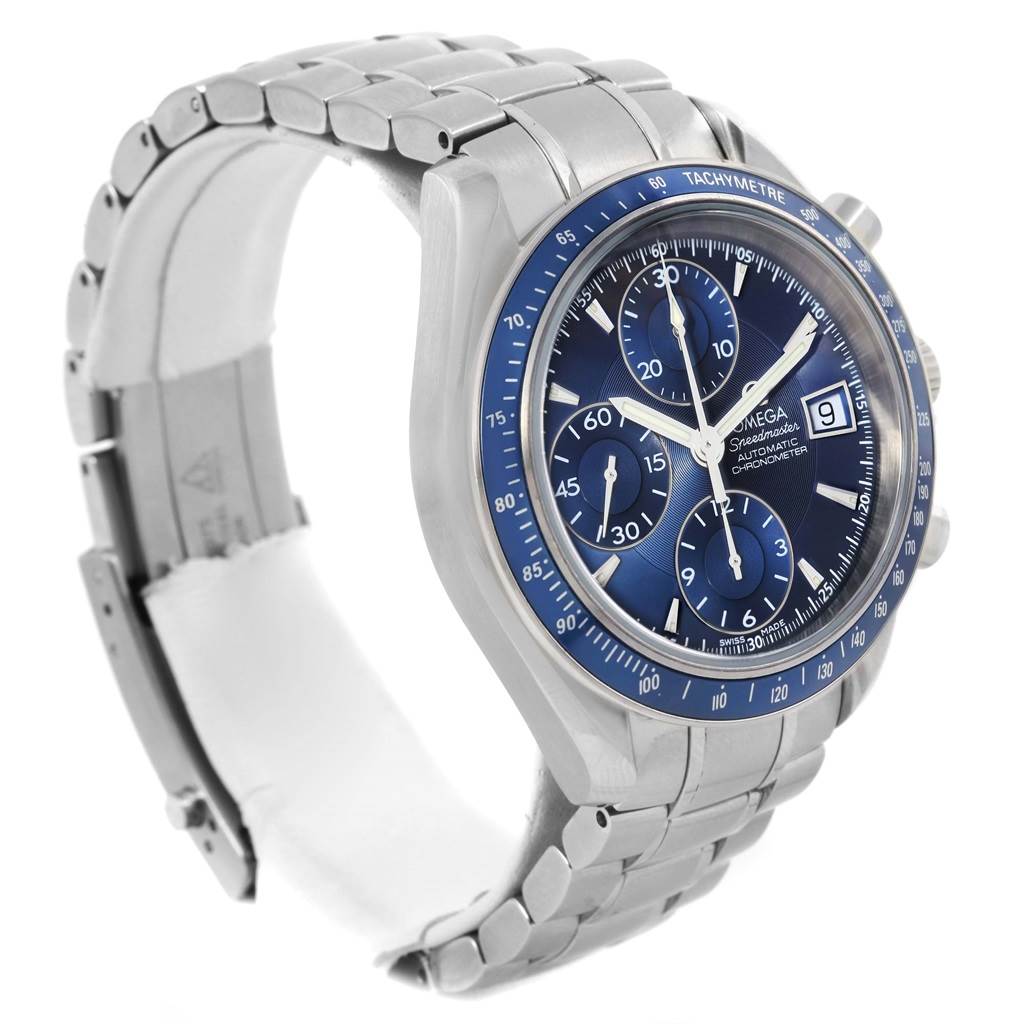 This Omega Speedmaster 3212.80.00 Men
s Stainless Steel Blue Dial 3212.80.00 Men
s Stainless Steel Blue Dial watch is shown at an angle highlighting its face, chronographs, bezel, and metal bracelet.