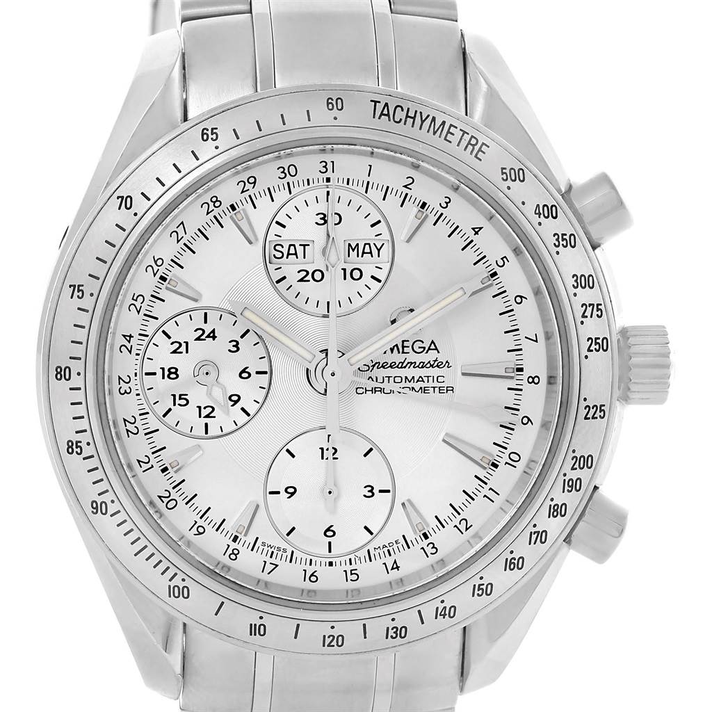 The image shows the front view of an Omega Speedmaster 3221.30.00 Men's Stainless Steel Silver Dial 3221.30.00 Men's Stainless Steel Silver Dial watch, highlighting the face, dials, and tachymeter bezel.