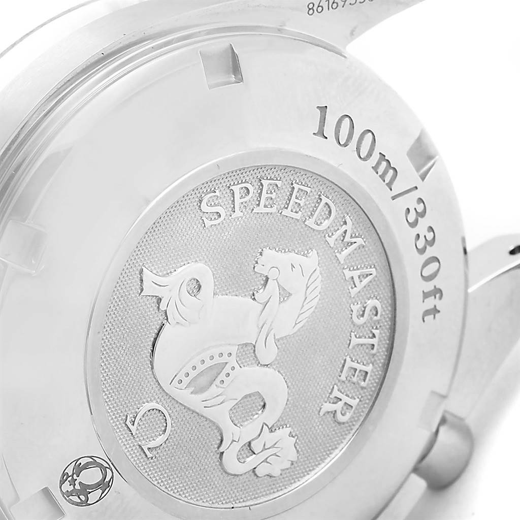 The image shows the back case of an Omega Speedmaster 3221.30.00 Men's Stainless Steel Silver Dial 3221.30.00 Men's Stainless Steel Silver Dial watch, highlighting the water resistance and design details.