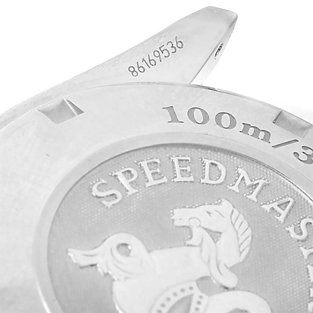 The image shows the case back of an Omega Speedmaster 3221.30.00 Men's Stainless Steel Silver Dial 3221.30.00 Men's Stainless Steel Silver Dial watch, featuring the model name and water resistance details.