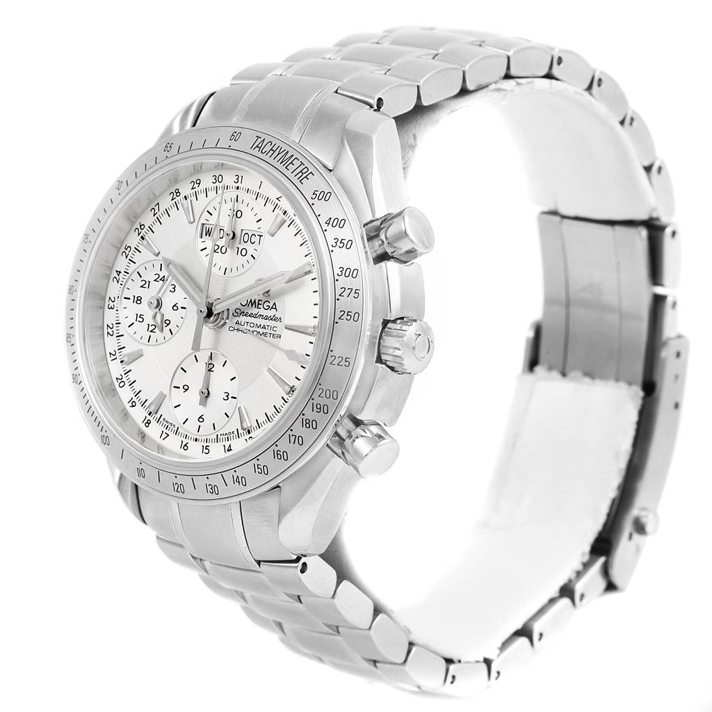 The Omega Speedmaster 3221.30.00 Men's Stainless Steel Silver Dial 3221.30.00 Men's Stainless Steel Silver Dial watch is shown at a three-quarter angle, displaying its dial, bezel, pushers, and metal bracelet.