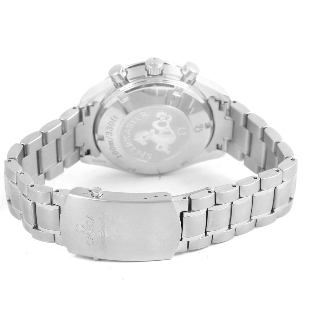 The image shows the back view of the Omega Speedmaster 3221.30.00 Men's Stainless Steel Silver Dial 3221.30.00 Men's Stainless Steel Silver Dial watch, highlighting the case back, bracelet, and clasp.