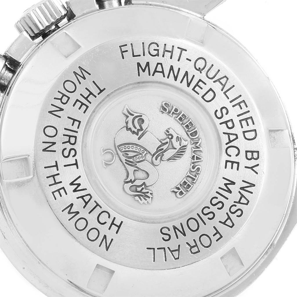 The image shows the case back of an Omega Speedmaster 3570.50.00 Men's Stainless Steel Black Dial 3570.50.00 Men's Stainless Steel Black Dial watch, featuring engravings and the model's emblem.