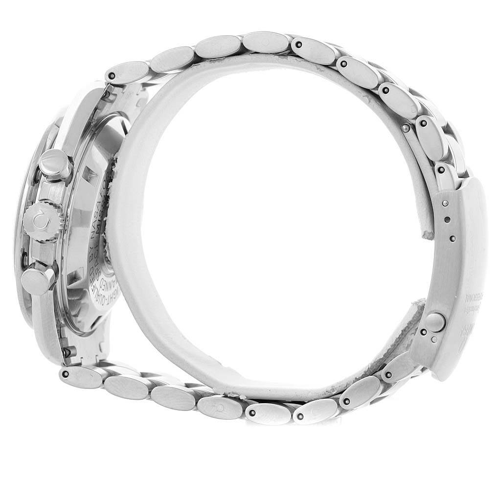 The image shows the side view of an Omega Speedmaster 3570.50.00 Men's Stainless Steel Black Dial 3570.50.00 Men's Stainless Steel Black Dial watch, focusing on the case and metal bracelet.