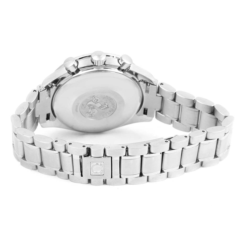 The image shows the back case, crown, pushers, and bracelet of an Omega Speedmaster 3520.50.00 Men
s Stainless Steel Black Dial 3520.50.00 Men
s Stainless Steel Black Dial watch from a slightly elevated rear angle.