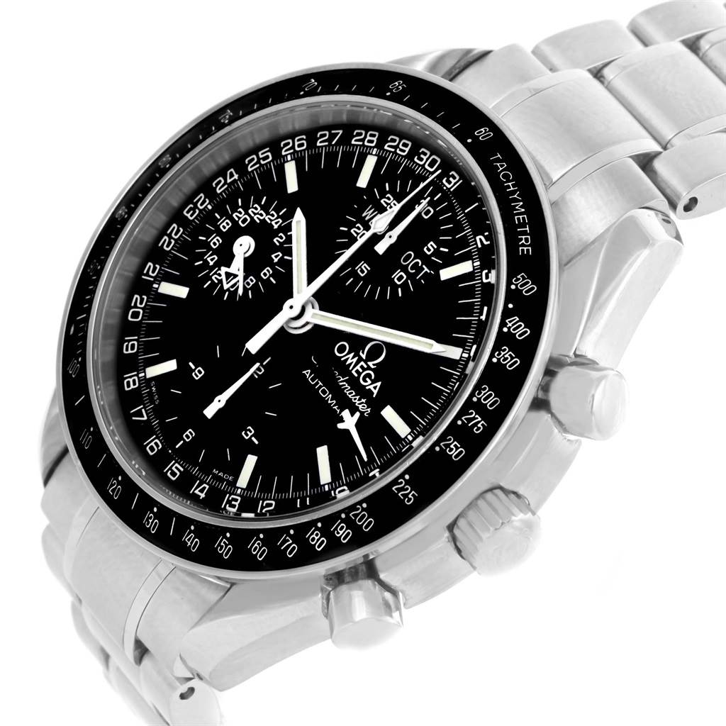 The Omega Speedmaster 3520.50.00 Men
s Stainless Steel Black Dial 3520.50.00 Men
s Stainless Steel Black Dial watch is shown from an angled top view, highlighting the dial, bezel, and stainless steel bracelet.