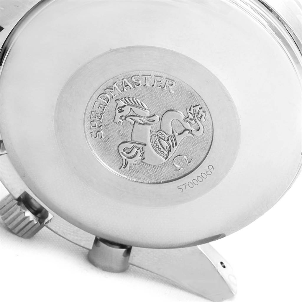 This image shows the case back of an Omega Speedmaster 3520.50.00 Men
s Stainless Steel Black Dial 3520.50.00 Men
s Stainless Steel Black Dial watch, featuring its engraved design and serial number.