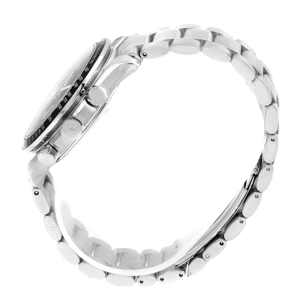 The image shows a side profile of an Omega Speedmaster 3520.50.00 Men
s Stainless Steel Black Dial 3520.50.00 Men
s Stainless Steel Black Dial watch, highlighting its watch case, bezel, crown, and metal bracelet.