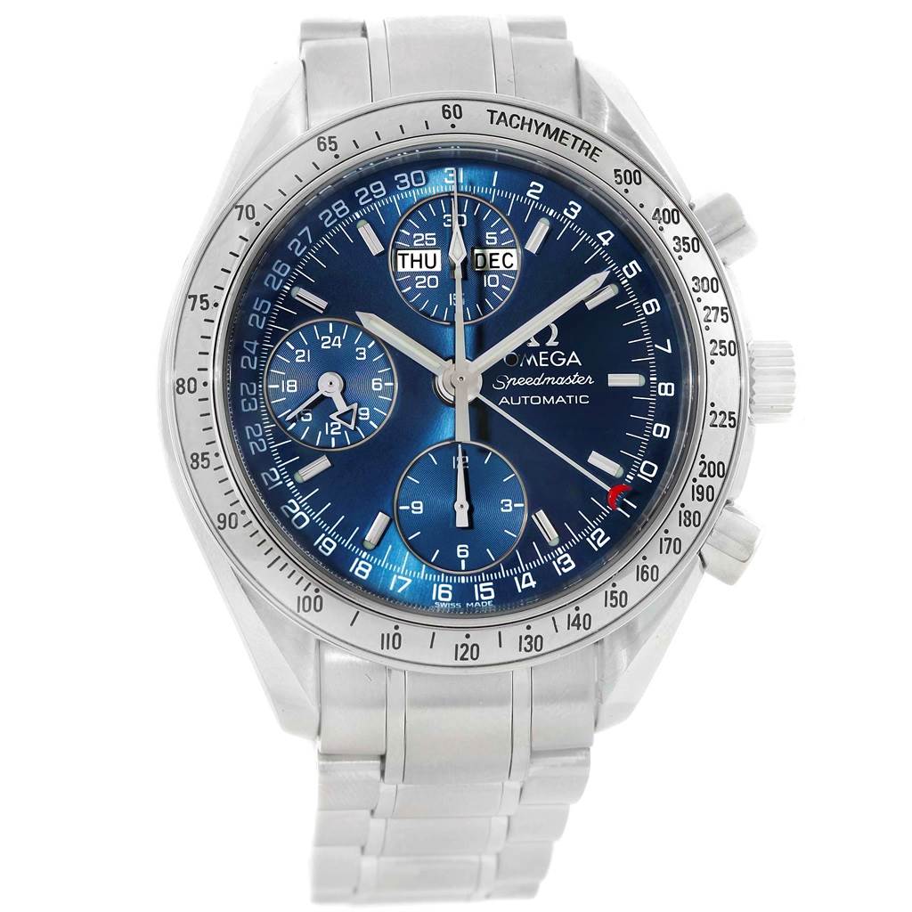 The image displays the front view of an Omega Speedmaster 3523.80.00 Men
s Stainless Steel Blue Dial 3523.80.00 Men
s Stainless Steel Blue Dial watch, featuring a blue dial, multiple subdials, and a tachymeter bezel.