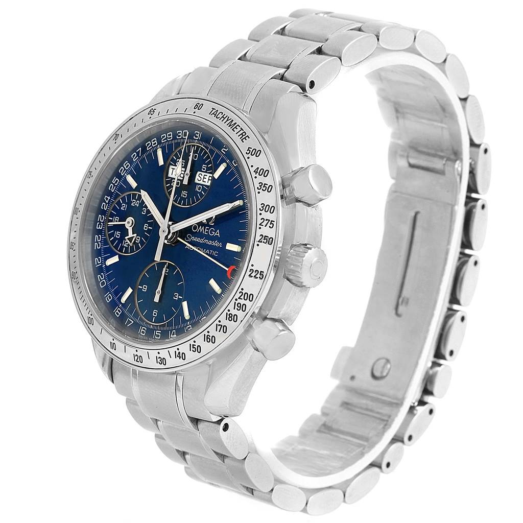 The image shows the Omega Speedmaster 3523.80.00 Men
s Stainless Steel Blue Dial 3523.80.00 Men
s Stainless Steel Blue Dial watch at a three-quarter angle, displaying its face, crown, pushers, and metal bracelet.