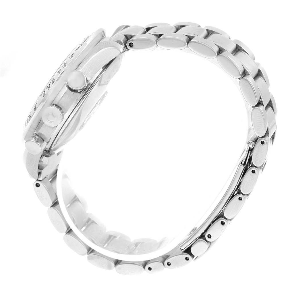 The image shows a side profile of the Omega Speedmaster 3523.80.00 Men
s Stainless Steel Blue Dial 3523.80.00 Men
s Stainless Steel Blue Dial watch, highlighting the case and metal bracelet.