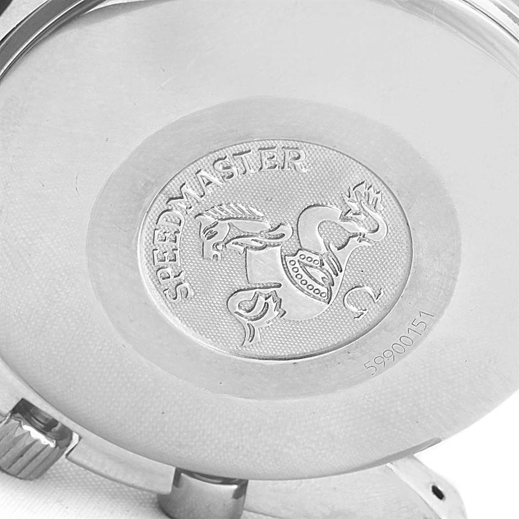 The image shows the case back of an Omega Speedmaster 3523.80.00 Men
s Stainless Steel Blue Dial 3523.80.00 Men
s Stainless Steel Blue Dial watch, focusing on its engraved design and text.