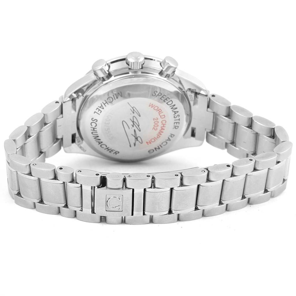 The image shows the back case and bracelet of the Omega Speedmaster 3529.50.00 Men
s Stainless Steel Black Dial 3529.50.00 Men
s Stainless Steel Black Dial watch at an angled rear view.