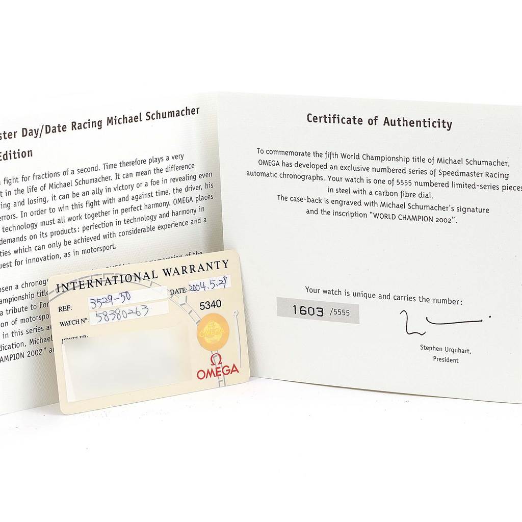 The image shows the International Warranty card and Certificate of Best Quality
ity for an Omega Speedmaster 3529.50.00 Men
s Stainless Steel Black Dial 3529.50.00 Men
s Stainless Steel Black Dial model watch.