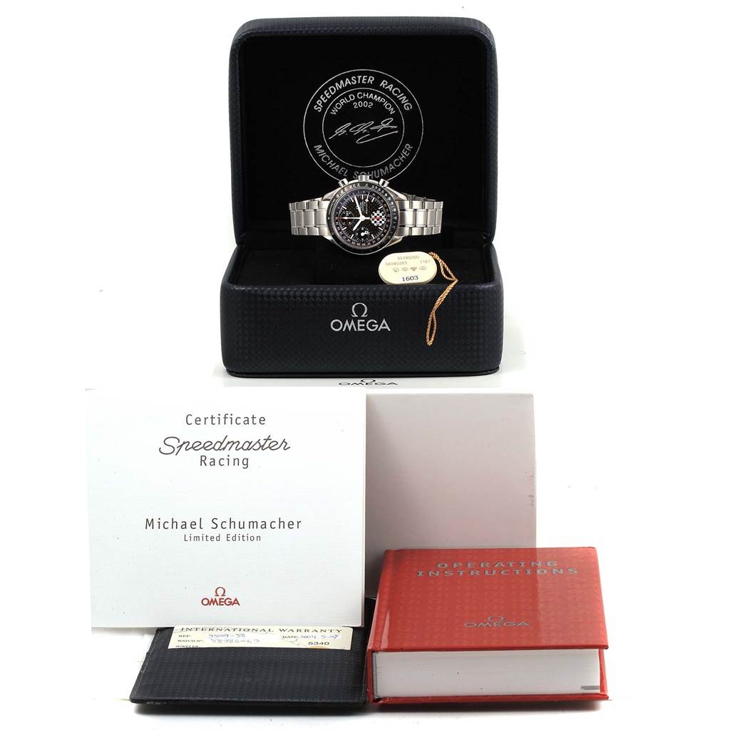 The Omega Speedmaster 3529.50.00 Men
s Stainless Steel Black Dial 3529.50.00 Men
s Stainless Steel Black Dial watch is shown from the front in its case along with a certificate, warranty card, and operating instructions.