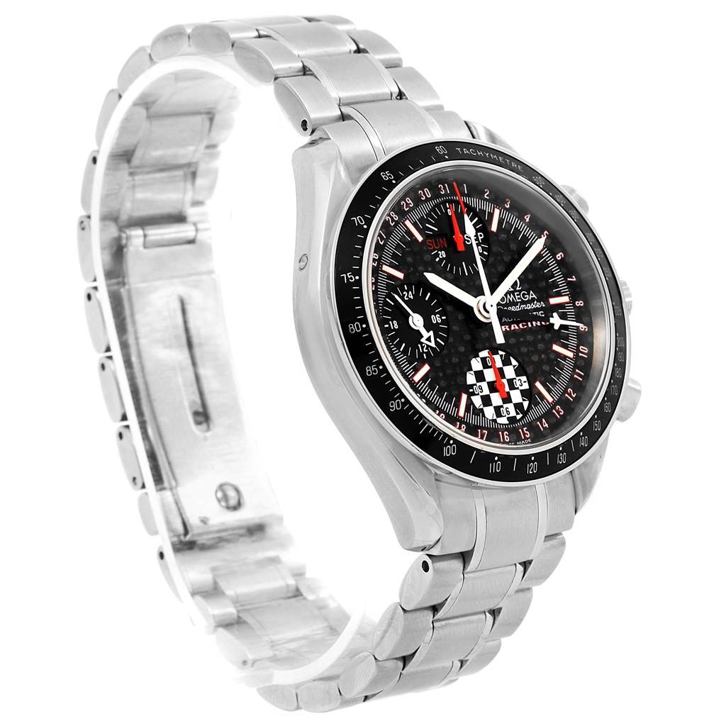 The image shows an Omega Speedmaster 3529.50.00 Men
s Stainless Steel Black Dial 3529.50.00 Men
s Stainless Steel Black Dial watch at a three-quarter side view, showcasing the bracelet, case, and dial.