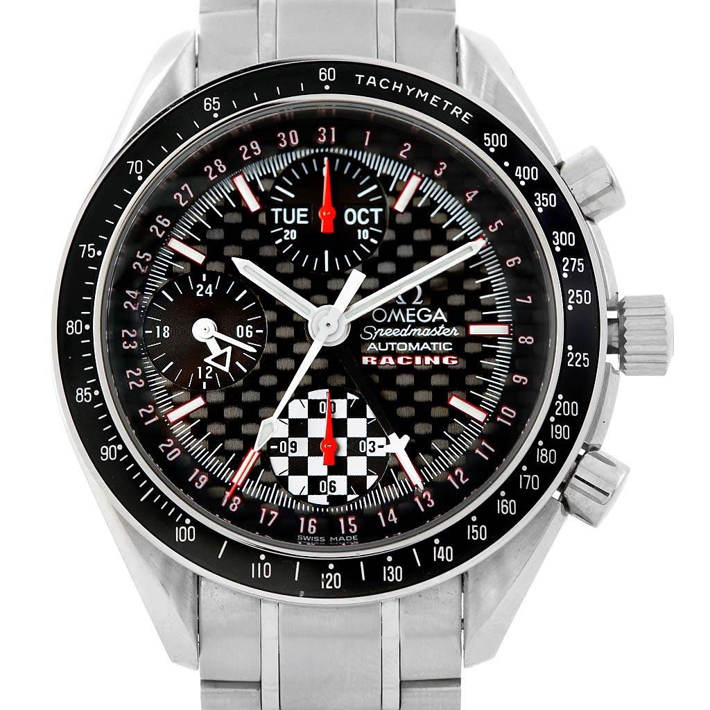 The Omega Speedmaster 3529.50.00 Men
s Stainless Steel Black Dial 3529.50.00 Men
s Stainless Steel Black Dial watch is shown from a front angle, displaying the face, bezel, and chronograph dials clearly.